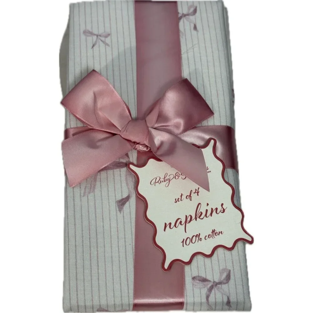 Ruby & Ribbons By Indigo Home Pink Pinstriped Bow Accent Cotton Napkins 4-Pack